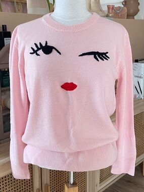 kate spade Light Pink Knit Sweater Top with eyes and lips embroiderie